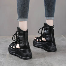 Koznoy 8cm Ethnic Cow Genuine Leather Ankle Booties Women Hollow Peep Toe Platform Wedge Breathable Zip Summer Fashion Shoes