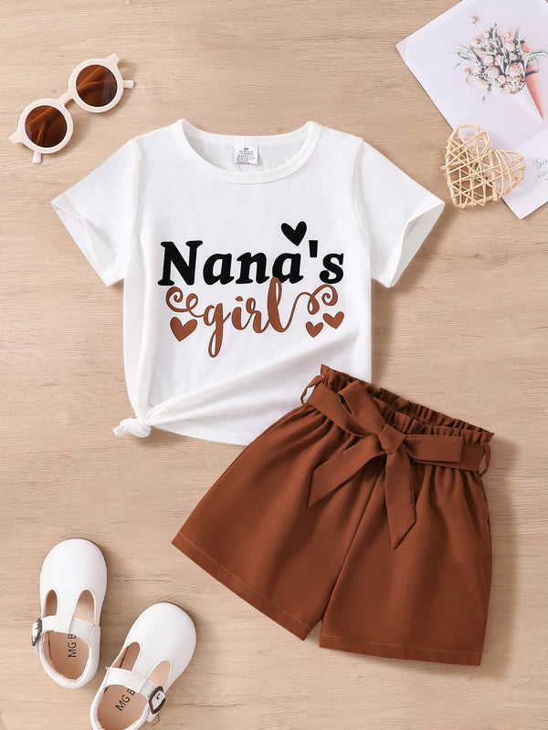 Children's clothing, girls' summer fashion, breathable thin 2-piece set, knitted round neck short sleeved+brown slim fit shorts