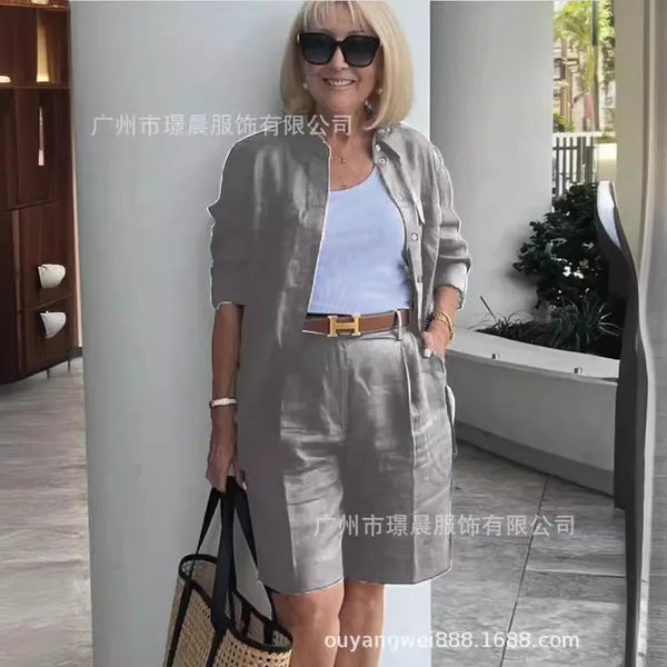 2025 Elegant 2-Piece Sets For Women Womens Cardigan Shirt Top Summer Solid Color Casual Shorts Two Piece New In Matching Sets