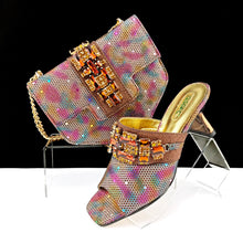 QSGFC Italian Fashion Square toe Women Strange Heels Bigger size Fashion Rhinestone Decoration Brown Shoes And Bag set Party bag