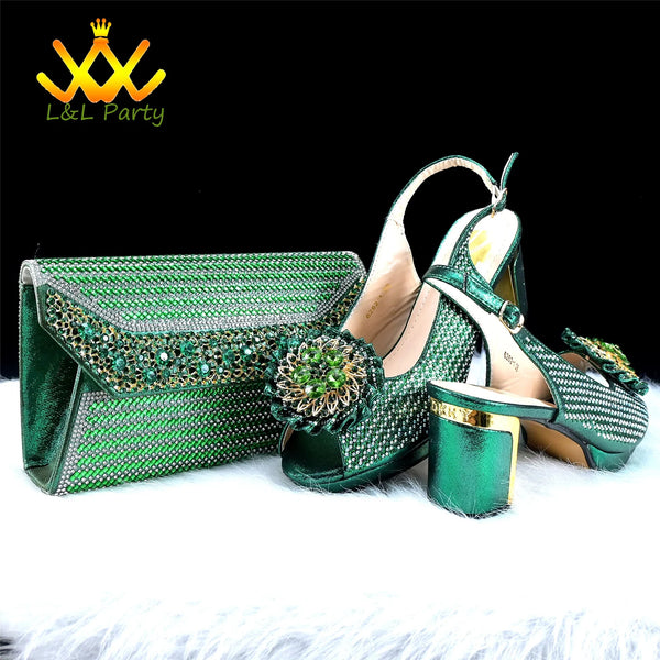 2025 Special New Arrivals Italian Women Shoes and Bag to Match in Green Color with Platform Shinning Crystal Sandal for Wedding