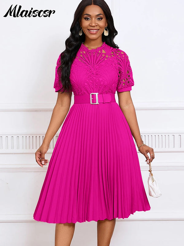Mlaiscsr Elegant Luxury Wedding Guest Pleated Dresses with Belt Women O Neck Lace Patchwork Short Sleeve Birthday Party Robe New