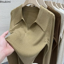 New 2025 Women's Turn-down Collar Long Sleeve Knitted Shirts Tops Solid Thin Sweater Female Elegant Knitwear Jumper Pullovers