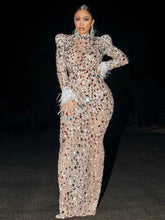 CM.YAYA Vintage Women Mesh See Though Crystal Feather Hem Long Sleeve Bodycon Midi Maxi Long Dress Sexy Party Club Dresses