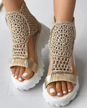 2024 Hot Seller New Gold Knitted Sandals for Women Braided Elastic Summer Shoes Mesh Flat Bottom Hollow Out Female Sandals