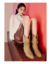 Women Chunky Heeled Western Boots Faux Suede Ankle Boots Woman Autumn Vintage Loose Tube Pleated Mid Calf Cowboy Botas Mujer