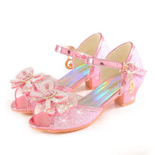 Summer Girls Sandals With Heel Fashion Rhinestone Shiny Glitter Shoes Children Princess Bowtie Dancing Shoes H876