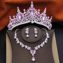 3 Pcs Princess Wedding Crown Jewelry Sets and Tiaras Green Pink Bride Necklace Earrings Set Girls Prom Birthday Accessory