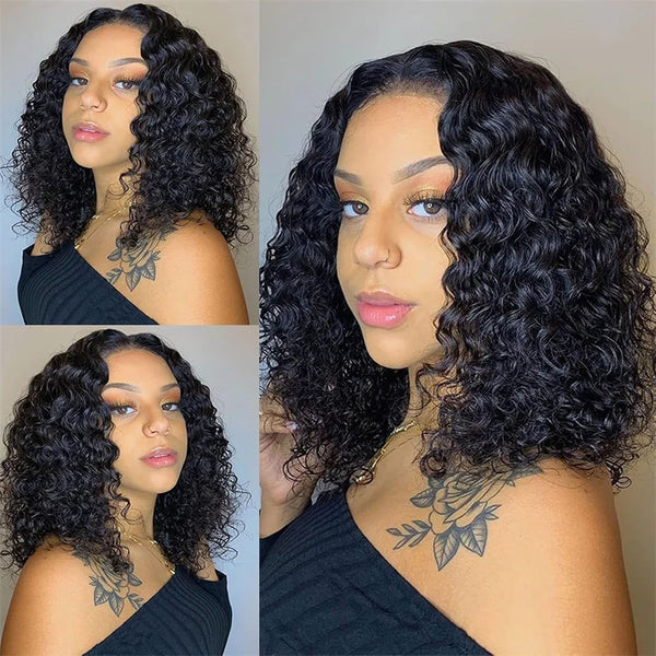 Vietnamese Super Double Drawn Water Wave Curly13x4 Frontal Bob Wig with 100%Human Hair Natural Black 210%Density For Black Women