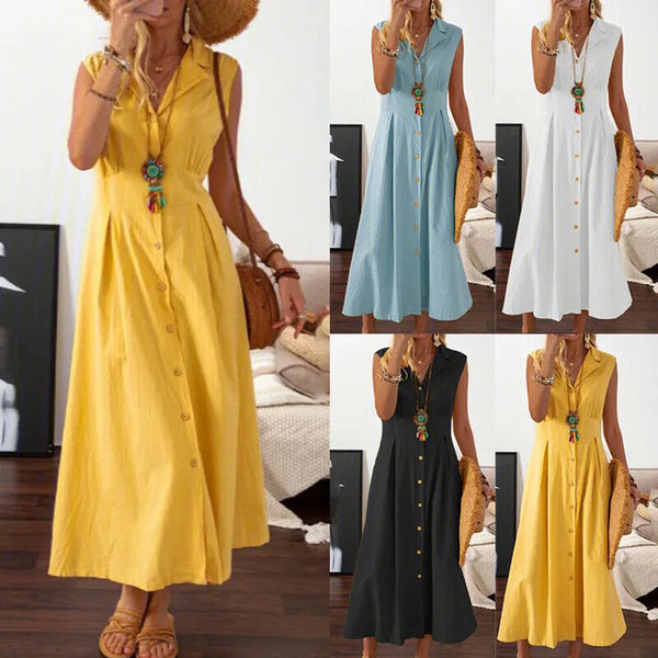 Women Cotton Linen Long Dress Summer Sleeveless Buttons Turn-down Collar Shirt Dress Loose Neck Temperament Office Dresses 2024