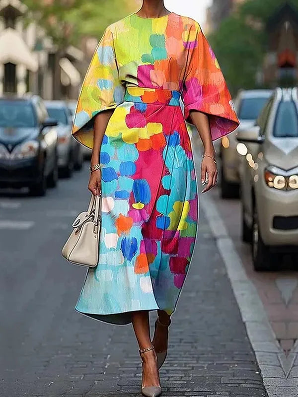 Modigirl 2025 New African Dresses for Woman Summer Short Sleeves Asymmetric Tied Waist Casual 1 Pieces Woman Midi Colorful Dress