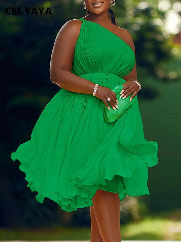CM.YAYA Women One Shoulder Sleeveless Big Swing Pleated Knee Length Dress 2023 Fashion Street Vestidos Sexy Chic Dresses