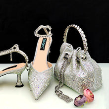 New Gold Glitter Fabric Pointed Toe High Heels With A Variety Of Shapes Of Rhinestones Fashion Party Ladies Shoes And Bag