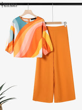 2PCS Summer Pant Sets ZANZEA Fashion Women Outfits 3/4 Sleeve Printed Blouse Trousers Suit Casual Work Tracksuits Matching Sets