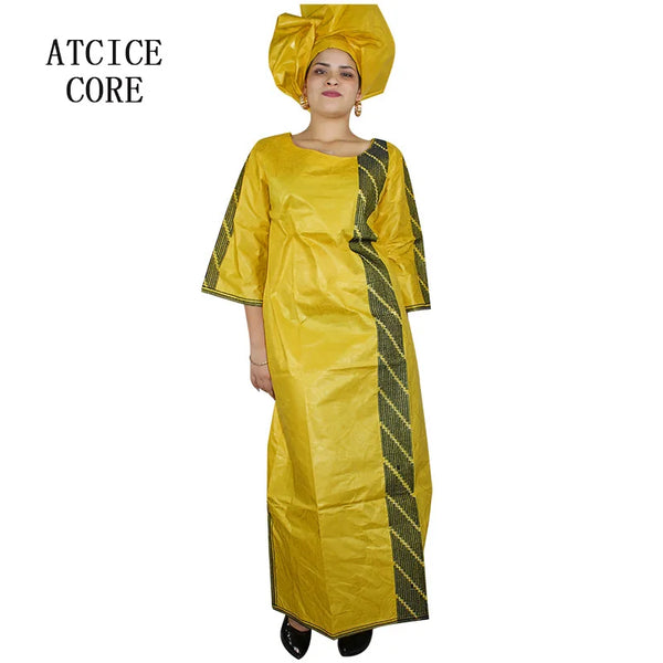 African Bazin Riche Embroidery  For Women Long Dress With Scarf
