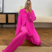 QFAF Fashion Pleated Women's Set Long Sleeve Oversized Shirt and Wide Leg Pants 2023 Elegant Tracksuit Two 2 Piece Set Outfits