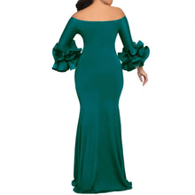 Elegant Sexy Side Slit Long Dress For Women Independent Stand Trade Clothing One-character Collar Leaf Sleeves Evening Dress