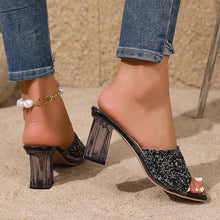 Shiny Sequins High Heel Slippers for Women Summer Fashion Square Toe Transparent Heeled Sandals Woman Gold Silver Glitter Slides