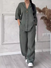 Cotton Linen Sets Two 2 Pieces Sale Casual Long Sleeve Button Loose Blouse Shirt&High Elastic Wide Leg Loose Pant Suits NMD-3021