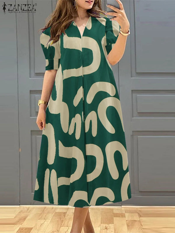 ZANZEA Women's A-line Midi Dresses Street Fashion All-Over Print Short Puff Sleeve V-Neck Robes Femme 2025 Summer Loose Vestidos