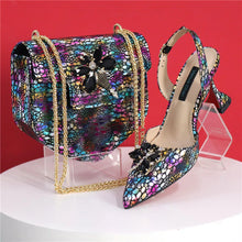 2025 New Yellow Color Thin Heels Pointed Toe Crystal Design Ladies Shoes Matching Bag Set For Women Weeding Party Pump