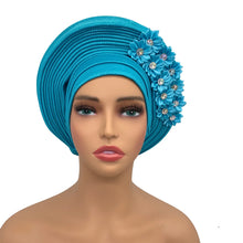 2024 New African Headtie Turban Nigeria Head Ties with Flowers Already Made Auto Gele Women Head Wraps for Wedding Party