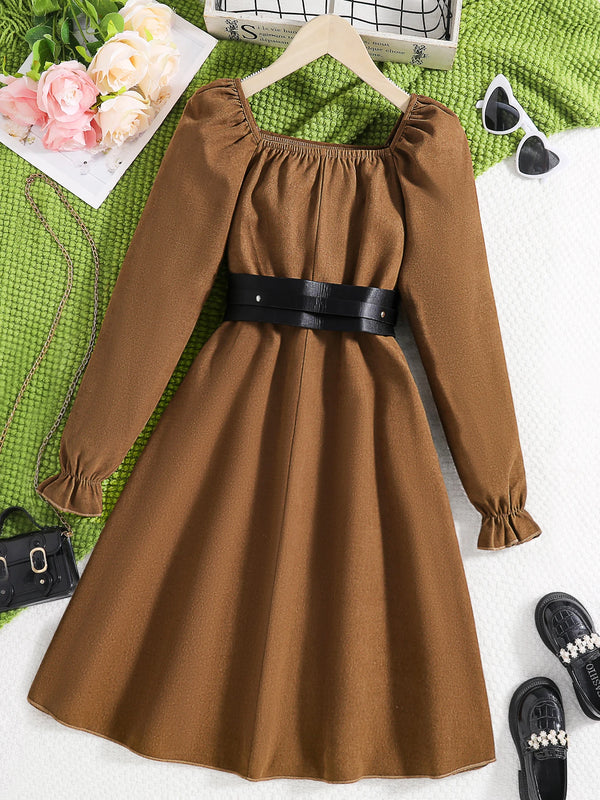 Spring and autumn new girls fashion French retro long sleeve waist slimming A line pleated dress