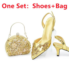 2025 New Designer Specials Italian Women Heels Shoes and Bag Set Coffee Colour Comfortable Women Pumps with Rhinestone for Party