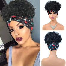 Short Kinky Curly Headband Wig Afro Puff Curly Headband Wig with Bangs for Women Natural Ombre Blonde Synthetic Turban Wrap Wig