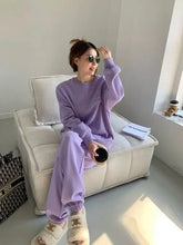Women's Purple Sports Suit Spring And Autumn 2023 New Casual Fashion Style Loose Long Sleeve Sweater Tops Pants 2 Two Piece Set