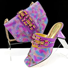 QSGFC Italian Fashion Square toe Women Strange Heels Bigger size Fashion Rhinestone Decoration Brown Shoes And Bag set Party bag