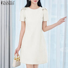 ZANZEA Korean Fashion Puff Sleeve Short Dresses Commute Elegant Solid Fitted Waist Party Robes Women Textured A-line Vestidos