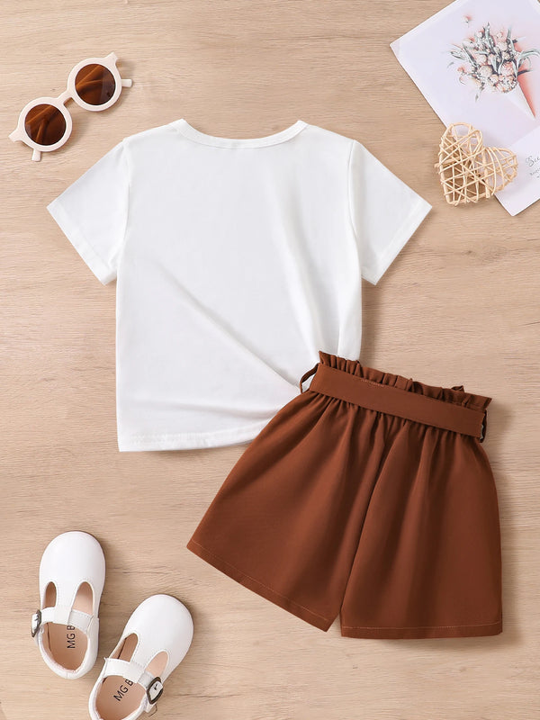 Children's clothing, girls' summer fashion, breathable thin 2-piece set, knitted round neck short sleeved+brown slim fit shorts