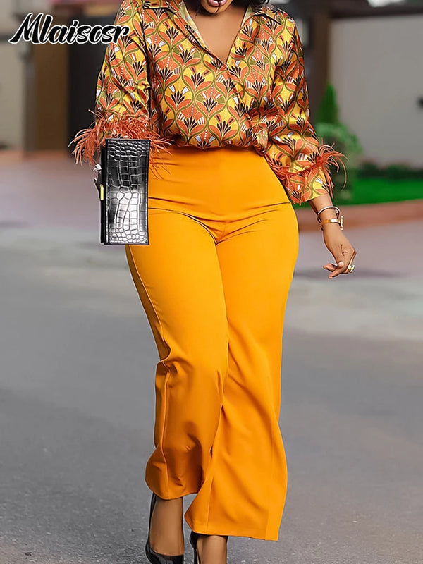 Mlaiscsr Elegant Print Feather Long Sleeve and Wide Leg Pants 2 Pieces Women Matching Sets Fashion Office Lady Birthday Outfits