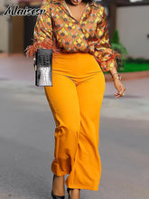 Mlaiscsr Elegant Print Feather Long Sleeve and Wide Leg Pants 2 Pieces Women Matching Sets Fashion Office Lady Birthday Outfits