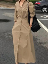Modigirl Women Casual Long Shirts Dresses 2025 Summer Spring Clothes Khaki Puff Sleeves Botton Simple Maxi Dresses for Women