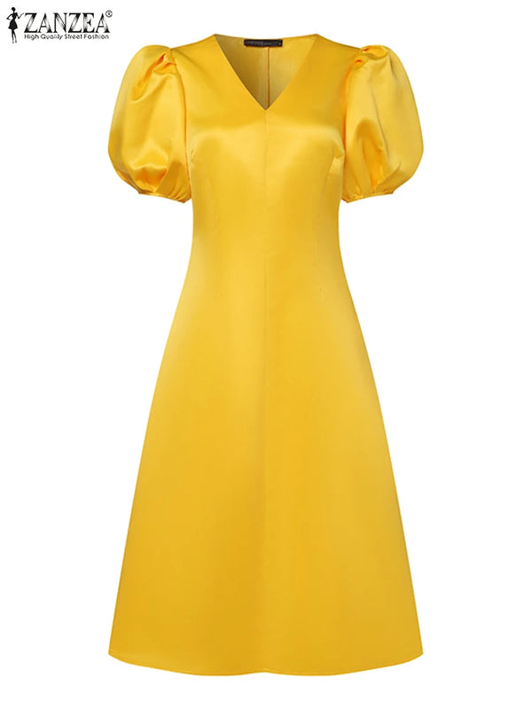 ZANZEA Woman Elegant Party Dress Summer Puff Sleeve V-Neck Dresses Fashion Solid Sundress Vintage A Line Vestidos Oversized 2024