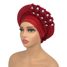 2024 New African Headtie Turban Nigeria Head Ties with Flowers Already Made Auto Gele Women Head Wraps for Wedding Party