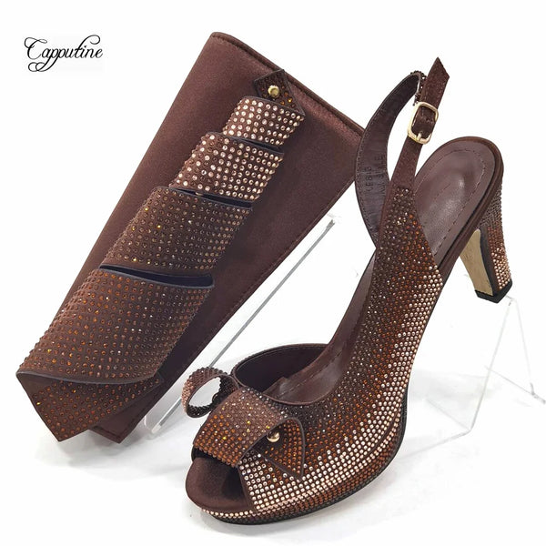 Coffee Women Shoes And Bag Set  African Ladies High Heel Sandals Match With Handbag Pumps Clutch Nigerian Sandales Femmes CR813