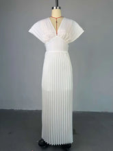 CM.YAYA Women Short Sleeve V-neck Elegant Long Pleated Dress 2025 Sweet Holiday Beach Evening Sexy Girl Party Dresses Vestidos