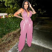 CM.YAYA Fashion Women Wave Ruffles Halter Deep V-neck Backless Sleeveless Wide Leg Jumpsuit 2023 Sexy Party Club Romper Playsuit