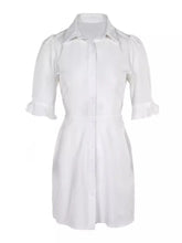 Summer Fashion White Turn-down Collar Shirt Mini Dress Elegant Women Casual Lantern Sleeve Button Pocket High Waist Slim Dresses