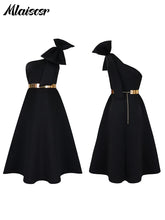 Mlaiscsr Woman One Shoulder Bow High Waisted Birthday Party Wedding Elegant A Line Pleated White Mid Dresses with Belt Outfits