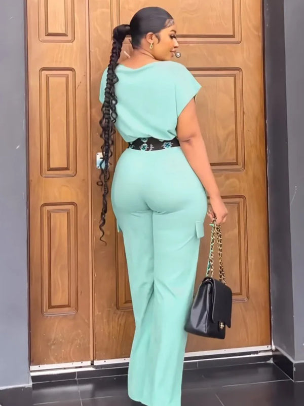 Summer Fall Short-sleeve Trousers Women's 2-piece Set Pullover Tops Elasticated Straight-leg Trousers Casual Fashion Suits Women