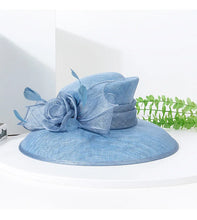 Luxury Blue Sinamay Church Hat For Women Elegant Feather Wedding Bridal Bowler Hats Cocktail Party Derby Cap Chapeau Femme