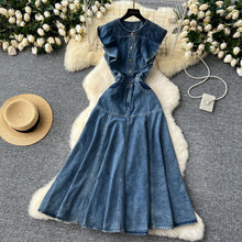 WTHT Fashion Women's Ruffled Edge Sleeveless Denim Long Dress 2024 Autumn O-neck Single Breasted Pleated Dresses Female 1LS125