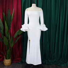 Elegant Sexy Side Slit Long Dress For Women Independent Stand Trade Clothing One-character Collar Leaf Sleeves Evening Dress