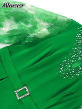 Mlaiscsr Elegant Office Lady Dresses for Women Green O Neck Pearl Mesh Lantern Sleeve Belt A-line Celebrate Event Party Gowns