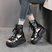 Koznoy 8cm Ethnic Cow Genuine Leather Ankle Booties Women Hollow Peep Toe Platform Wedge Breathable Zip Summer Fashion Shoes