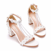 Plus Size 34-43 Shoes for Women Summer Lace Flower Sandals Peep Toe Fashion String Bead High Heel Party Wedding Evening Shoes